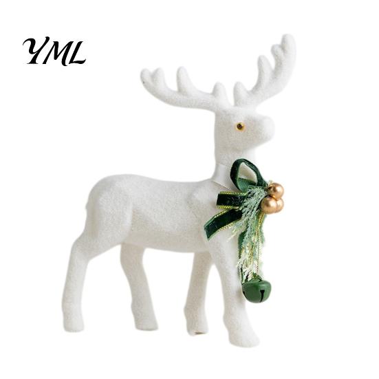 Exquisite Three Dimensional Ornaments White Flocked Elk Ornament, Ribbon Bell Decor 3D Standing Deer Christmas Season Home Figurine, Decorative