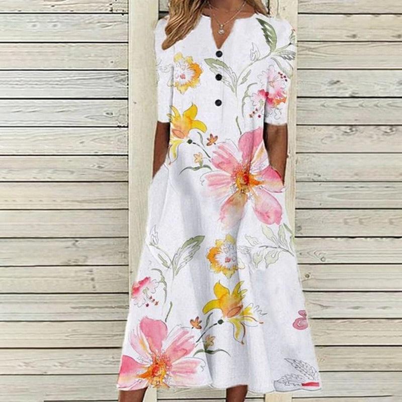 2025 Весна/Лето Новое Платье С Принтом Карман V-образный Вырез Длинное Платье Свободное Повседневное Платье Модная Женская Одежда