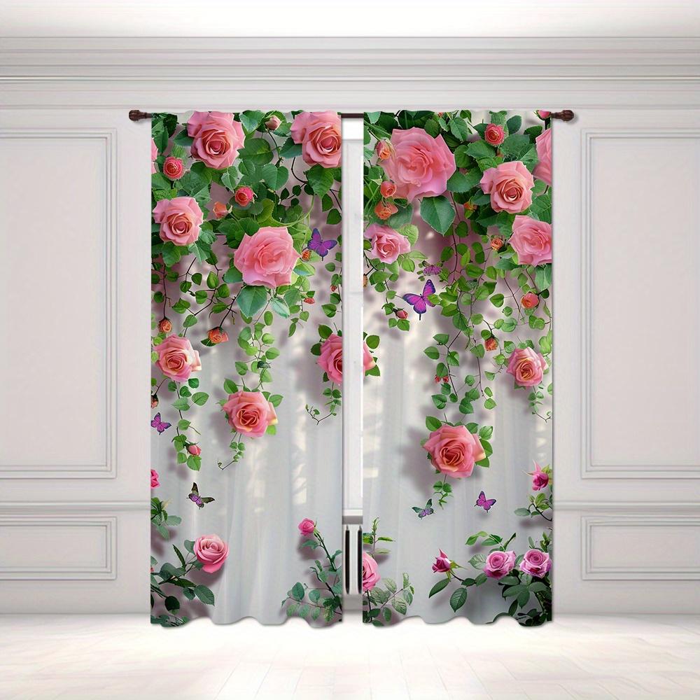 Комплект из 2 предметов, розовые розы и бабочки, шторы с карманами на штанге, для легкого подвешивания в спальне, гостиной, жалюзи, окна