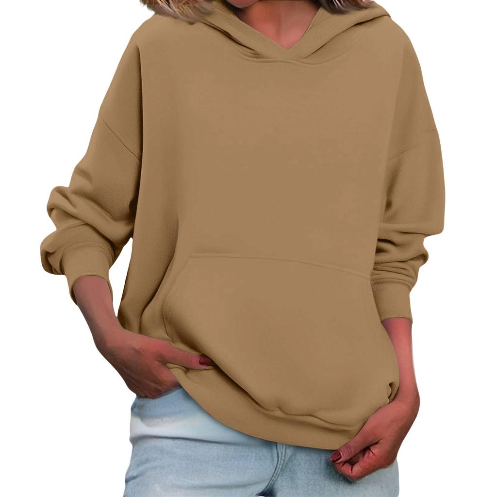 Women's Loose Long Sleeved Solid Color Casual Fleece Pullover Hooded Sweatshirt