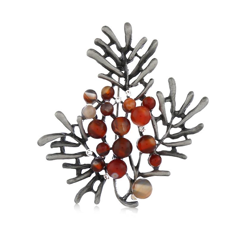 Retro Natural Agate Brooch High-end Classical Temperament Literary and Versatile Plant Pin Coat Cardigan Corsage Accessories