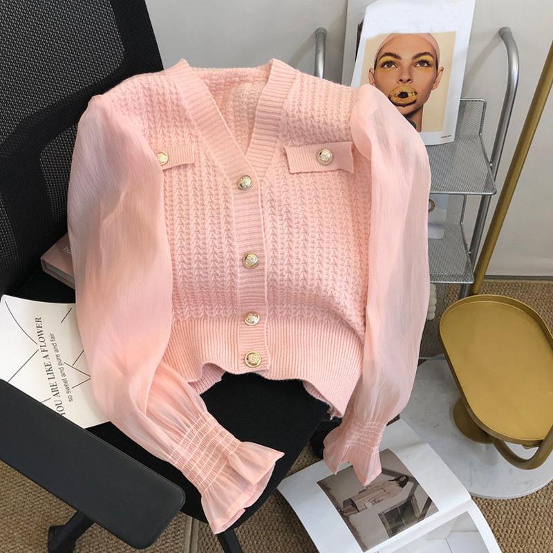 Кардиган, свитер, женский, весна 2023, однотонный, с v-образным вырезом, во французском стиле, темпераментный трикотаж, женский короткий милый свитер, кардиган, топ