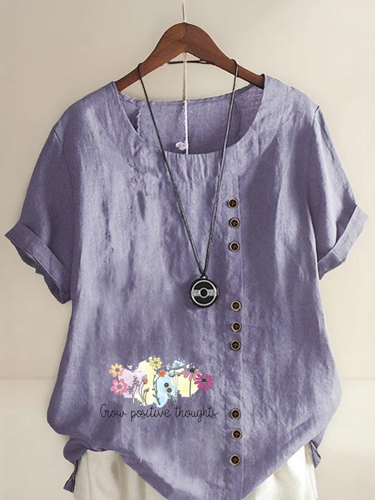 Women's Fashion Flower Black Letter Print Round Neck Short Sleeve T-shirt Casual Cotton Linen Graphic Shirt Leisure Loose Summer Blouse Tops