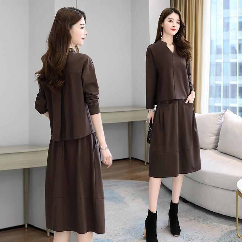 Женский пригородный офисный костюм, пуловер с высокой талией, рубашка с длинными рукавами и юбкой, комплект из 2 предметов