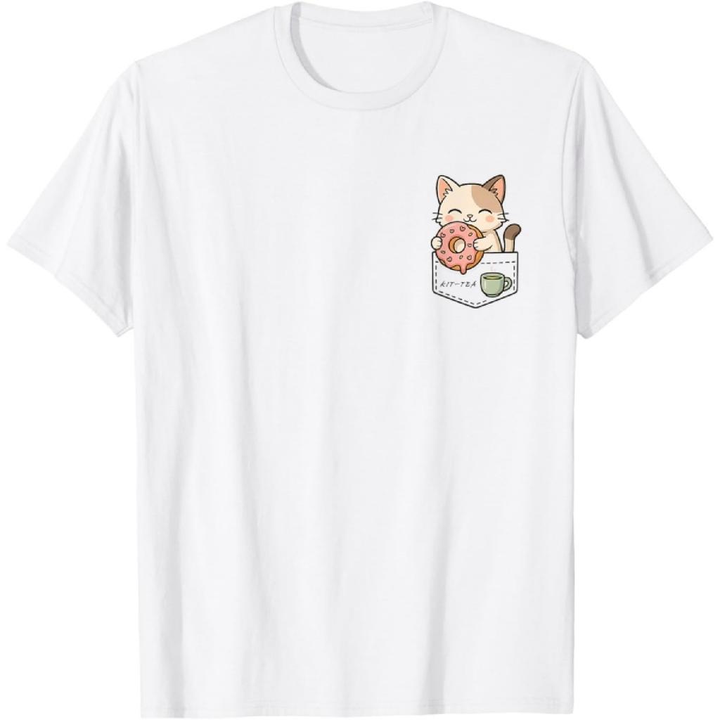 Забавная кошка Kit-Tea в кармане Кавайный стиль Эстетичная футболка для мужчин, женщин, детей