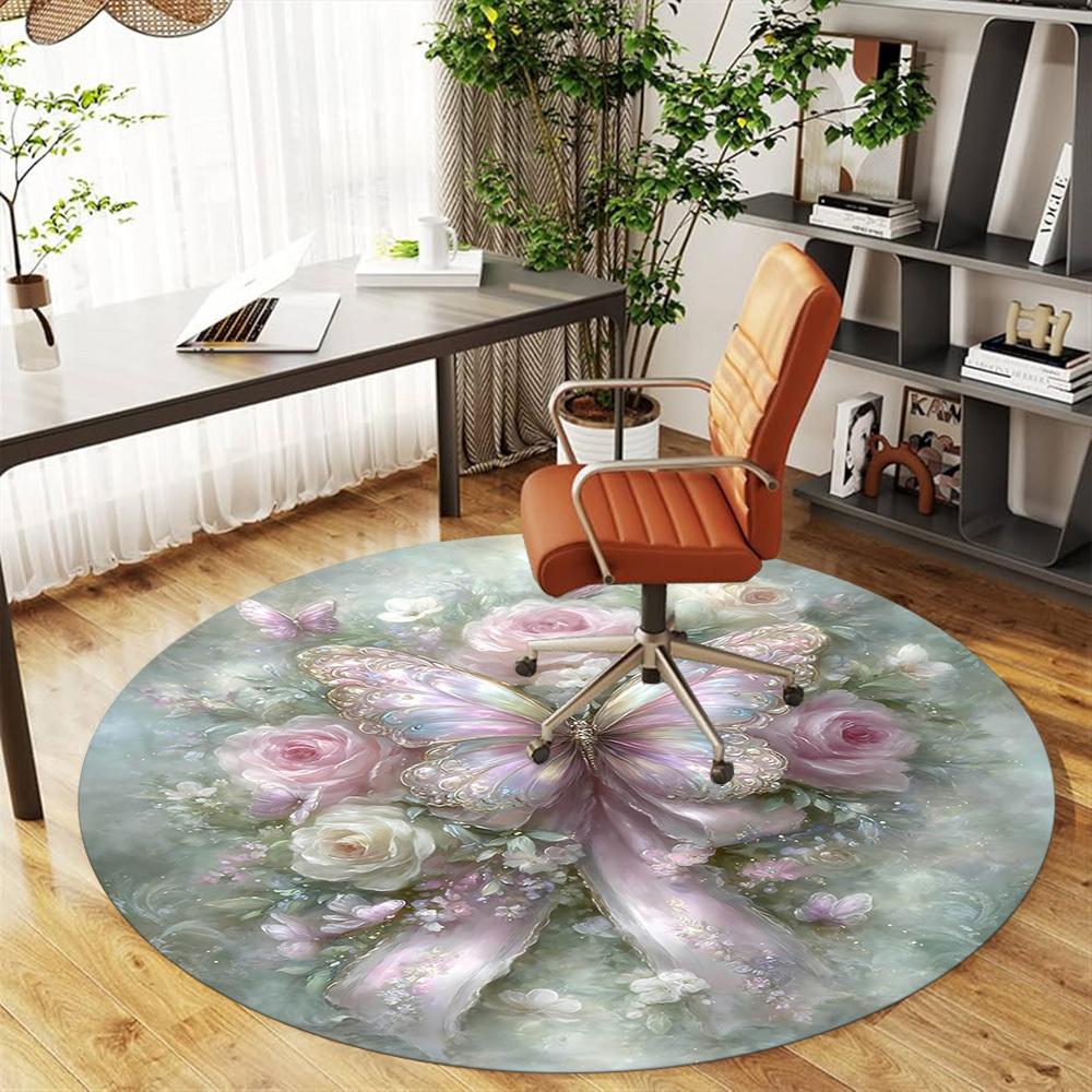 1pc Butterfly, Floral Round Chair mat Area Rug - Non-Slip, Floor Mat for Office, Bedroom, and Indoor Decor-1002313