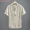 Мужская рубашка из мятого льна в стиле ретро, однотонная, с коротким рукавом и воротником-стойкой