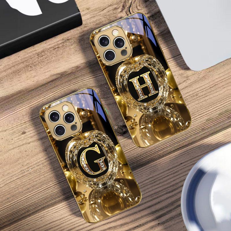 Высококачественная золотая буква 'F' Для IPhone 16 17 Pro Max 15 Pro 14 13 Plus 12 Mini 11 Pro Max XR 16E 17 Air Золотой стеклянный чехол для телефона