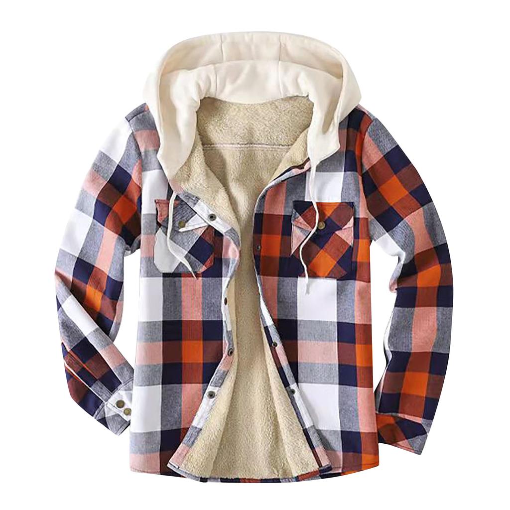 Мужская клетчатая рубашка на стеганой подкладке на пуговицах с бархатной теплой курткой с капюшоном