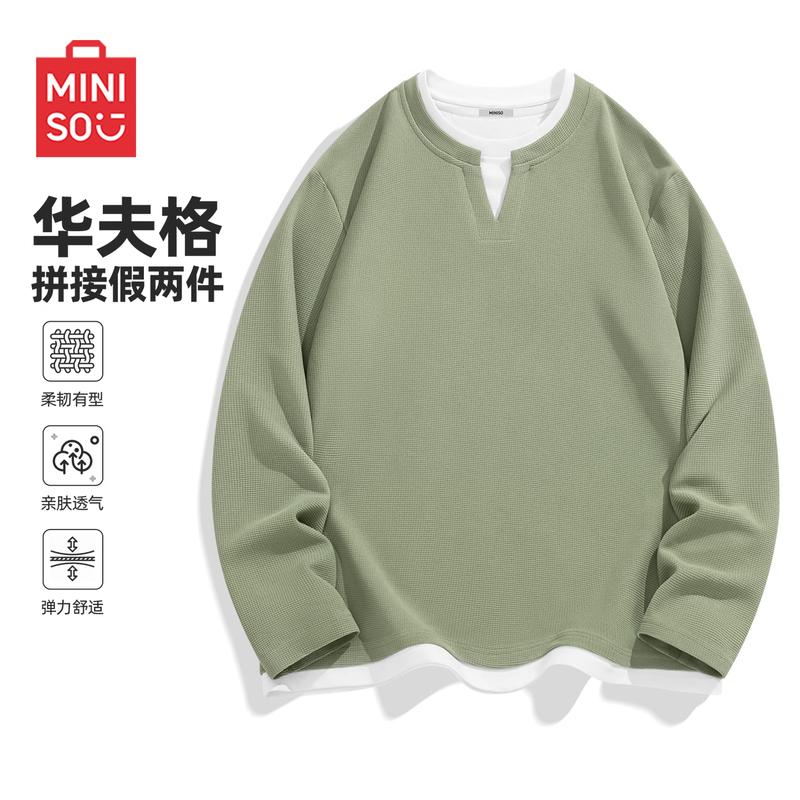 MINISO Men's Long-Sleeve Waffle V-Neck T-Shirt