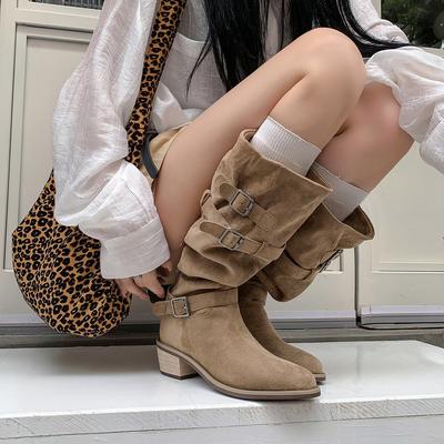 Женские высокие сапоги 2025 Огромные Красивые Осенние Узкие Королевская Сестра Рыцарь Высокие Замшевые Набивные Ленивые Вестерн