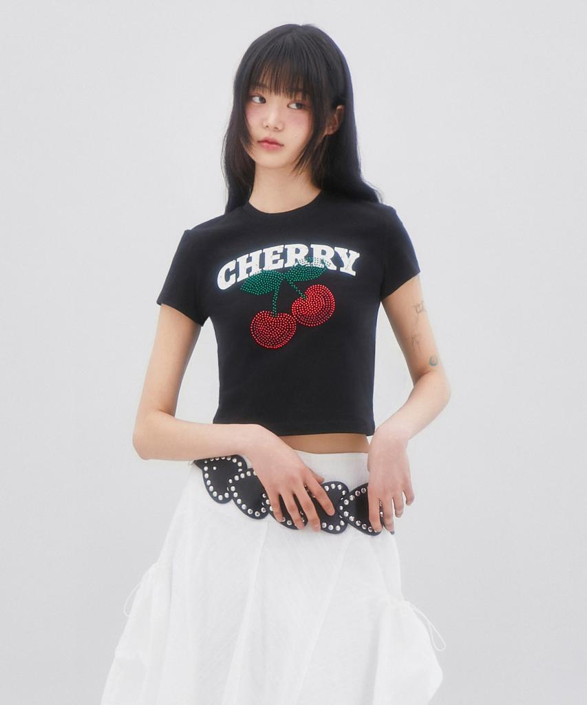 LALAFOX Cherry Hotfix T-Shirt Printed Short Sleeve T-Shirt Black Br2Ch016