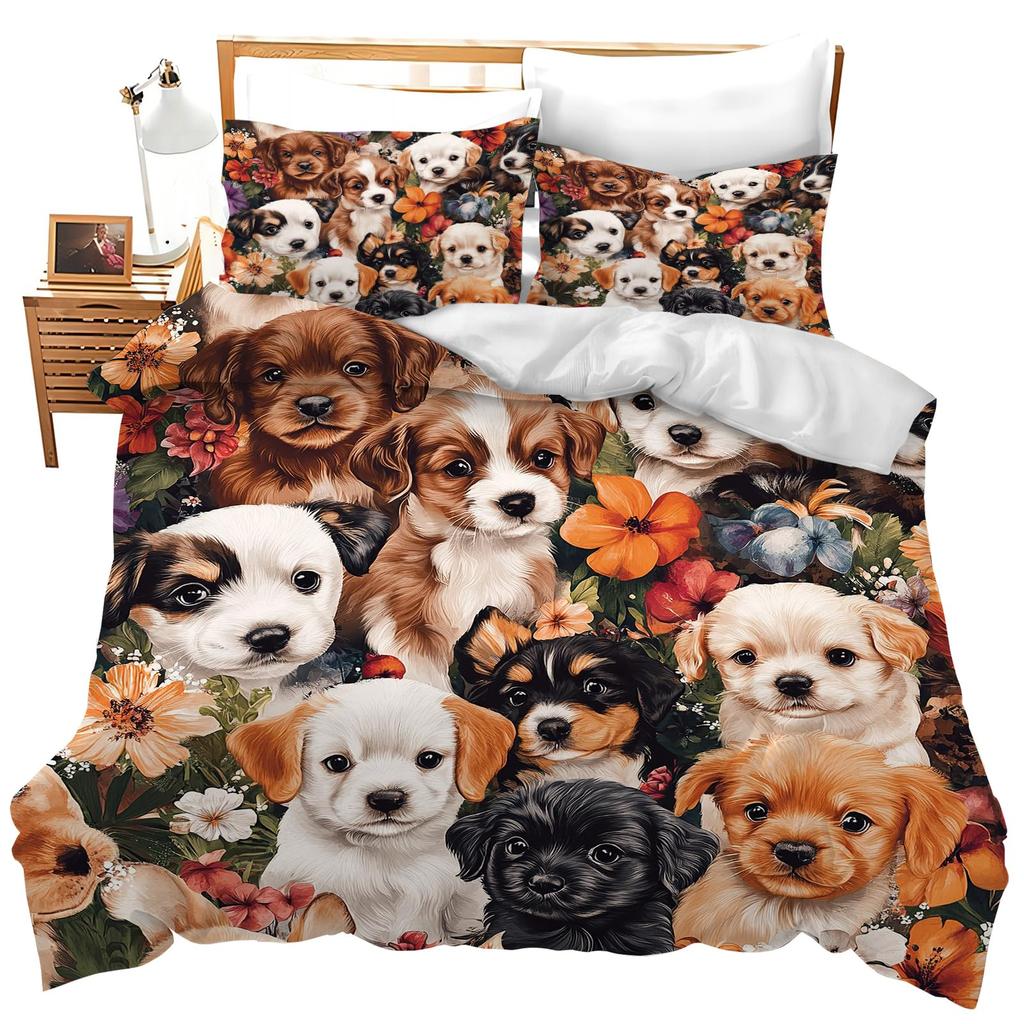 Dog Duvet Cover Set Cute Pet Puppy Animal Design Bedding Set With Zipper Adults Kids Bedroom Single Double Queen Comforter Cover