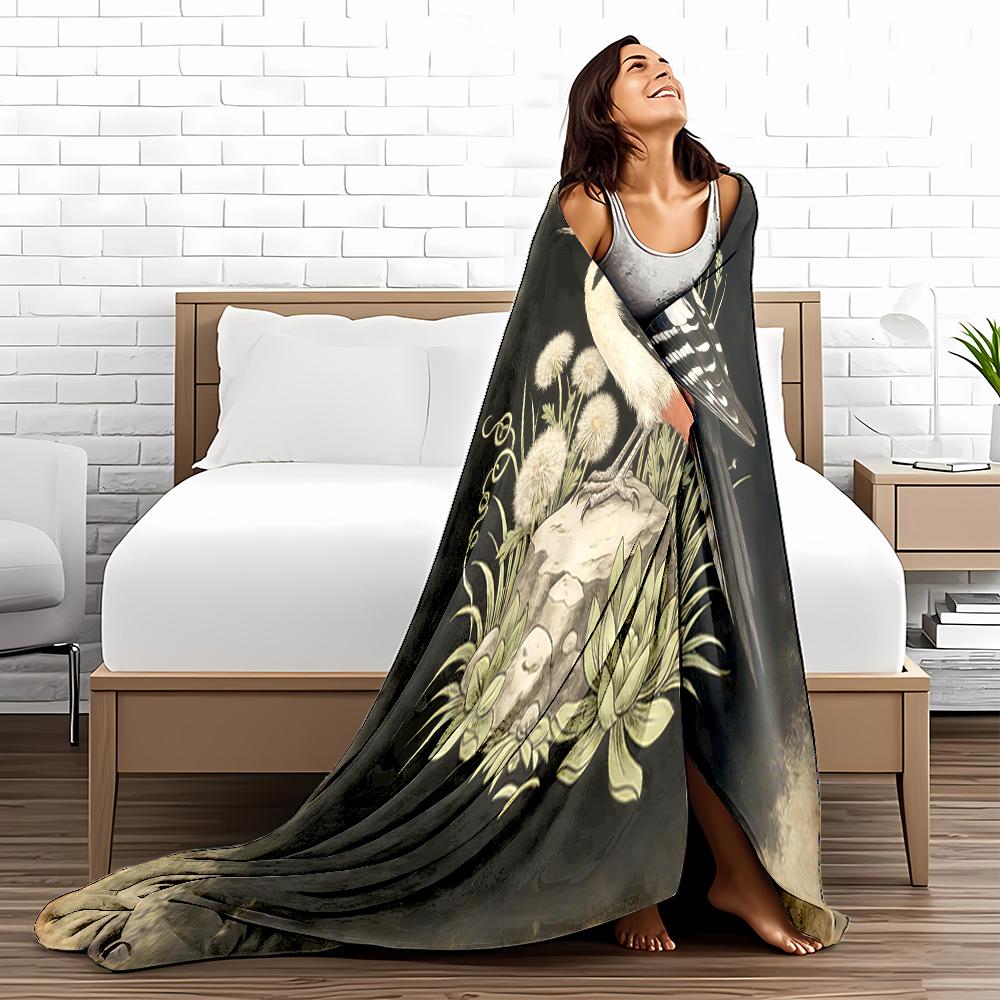 Woodpecker Nature blanket with Floral Artwork and Black Background blanket, suitable for use in the bedroom, living room, on the sofa