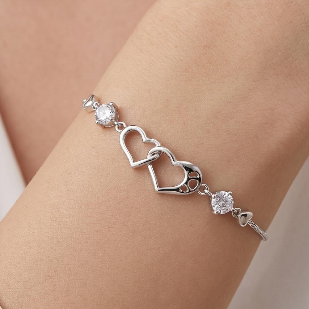 Women Fashion Gold Plated Interlocking Double Heart Zircon Bracelet Thin Double Chain Love Friendship Bracelet Bulk