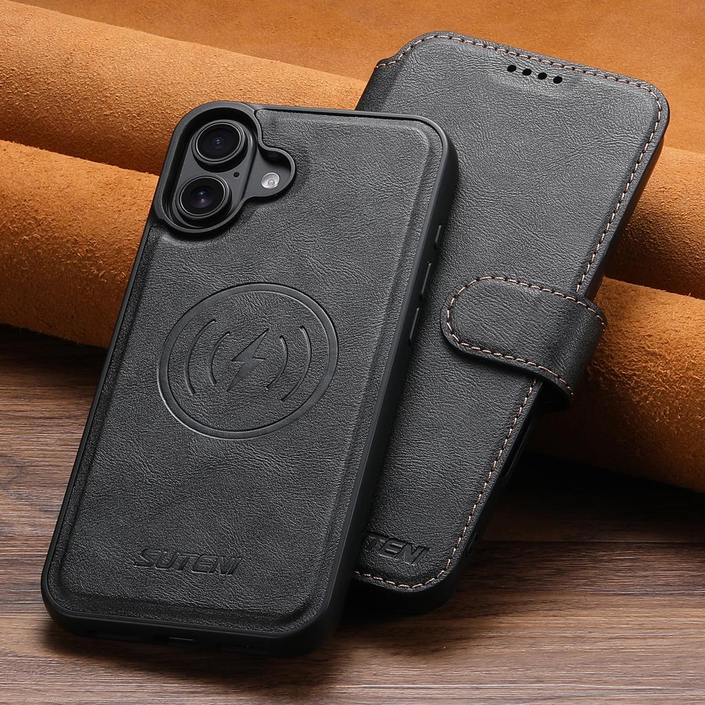 SUTENI Q-05 Чехол-кошелек для iPhone 16 2 в 1 Съемный кожаный откидной чехол для телефона с подставкой