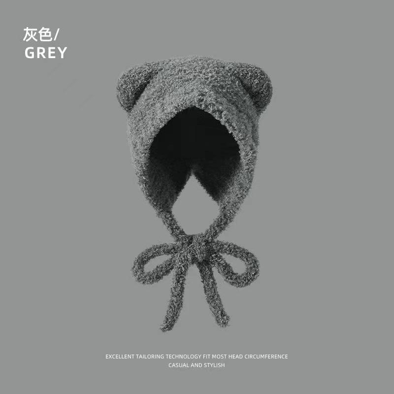 Милая шапка с ушками медведя женская зимняя большая окружность головы вязаная пушистая шапка велосипедная морозостойкая пушистая шапка-пуловер