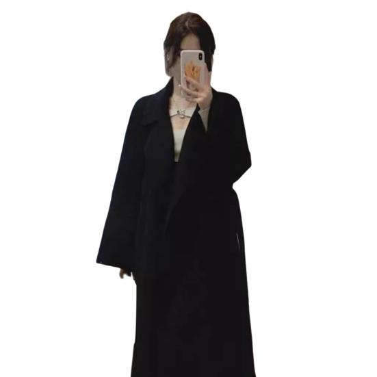 Women Winter Overcoat with Belt Turn-down Collar Pockets Pure Color Cardigan Mid Length Coat Thermal Long Sleeves Commuting Dating Winter Coat