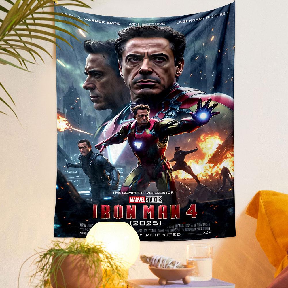 The pattern shows Iron Man in action with dramatic flames and city backdrop. Patterned tapestry for bedroom and living room home decor