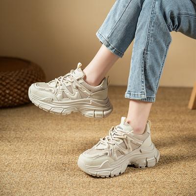 2023 кроссовки на платформе, женские сетчатые однотонные дышащие кроссовки, женская обувь на толстой подошве со шнуровкой и круглым носком