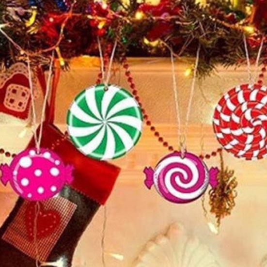 DIY Christmas Handmade Crafts Wooden Balls, Candy Stripe Tree Hanging Ornaments, Decorations Macaron Color Festive Pendant for Holiday Home Party Kids