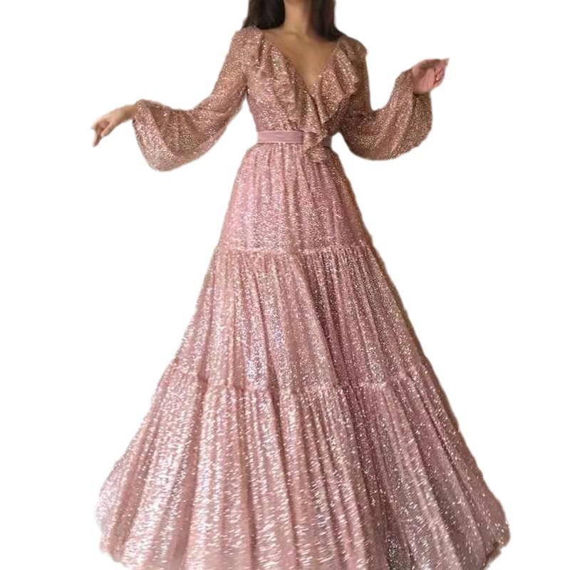 Весна и лето новый европейский и американский женский плащ сексуальный с длинным рукавом V-образным вырезом золотой маятник вечернее платье, длинное платье