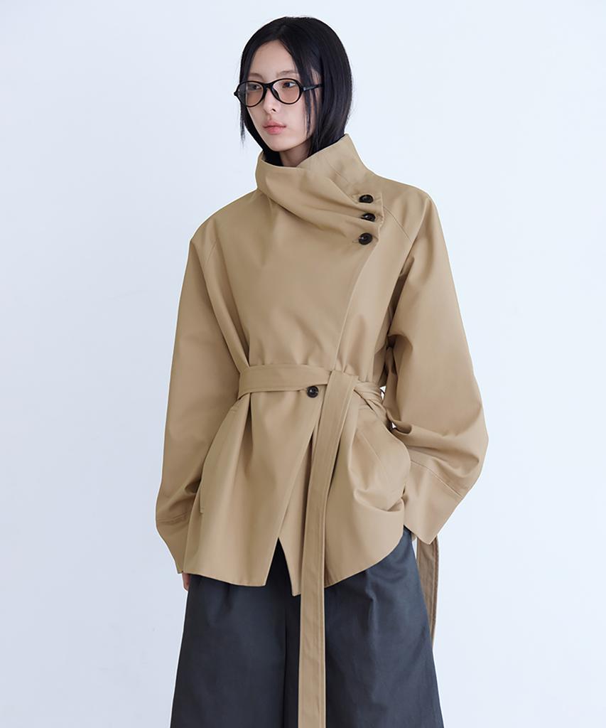 Londonda Draped High-Neck Half Trench Coat, Beige