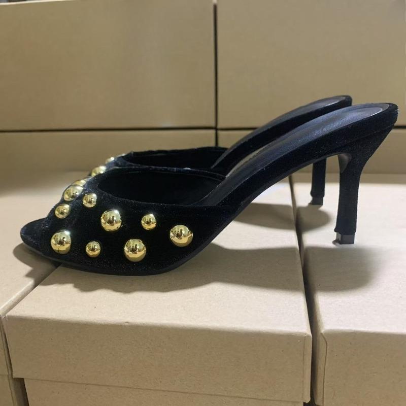 Summer Women High Heels Sandals Fashion Banquet Rivet Stilettos Suede Peep Toe Party Daily Casual Ladies Mules Shoes