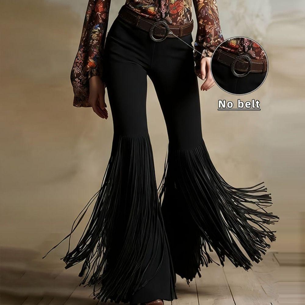 Solid Color Suede Tassel Pants Fringe Hem Slim Fit Flare Pants Retro High Waist Trousers Party