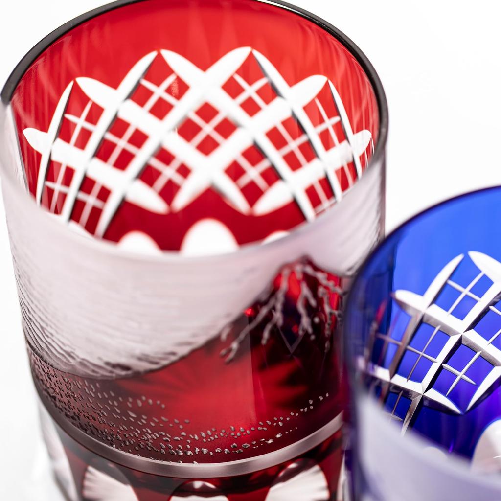 Kobo Edo Kiriko Red Fuji and Yarai Crest Old Glass Wooden Box Made In Japan [Taimuro Official] (Red) TB15-203R