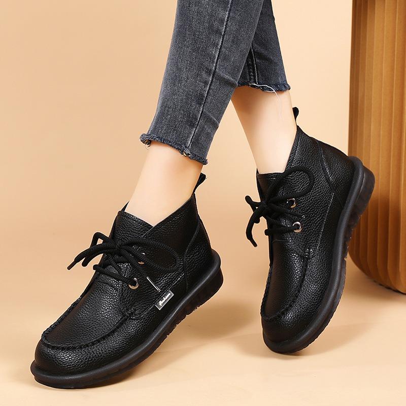 Ретро женские ботинки на шнуровке с высоким голенищем, теплые и бархатные короткие ботинки, повседневная осенне-зимняя нескользящая кожаная обувь для женщин