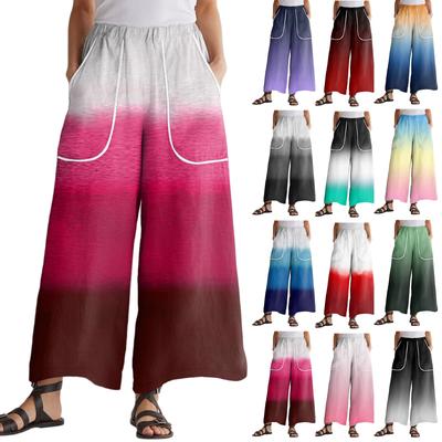 Женские брюки широкие от бедра с эластичным поясом, с принтом, с большими карманами, с отделкой пэчворк по краю, свободные