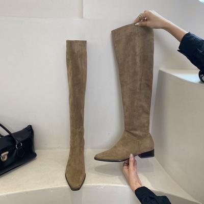 Толстый каблук французский ретро острый носок западные ковбойские сапоги женские сапоги осень и зима 2025 новые высокие плиссированные сапоги на наборном каблуке