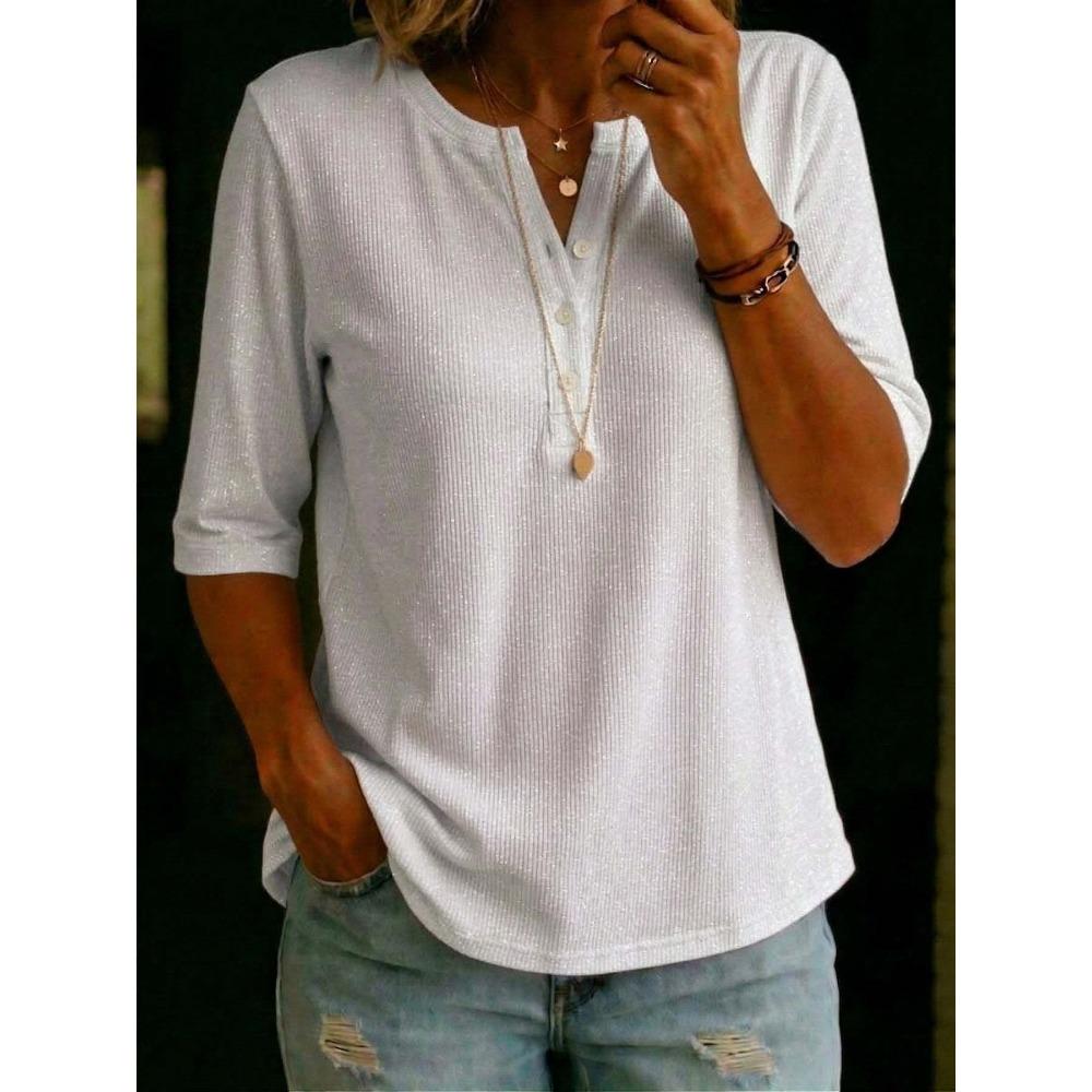 Женская рубашка-henley с V-образным вырезом, рукавом три четверти, свободная, повседневная блузка
