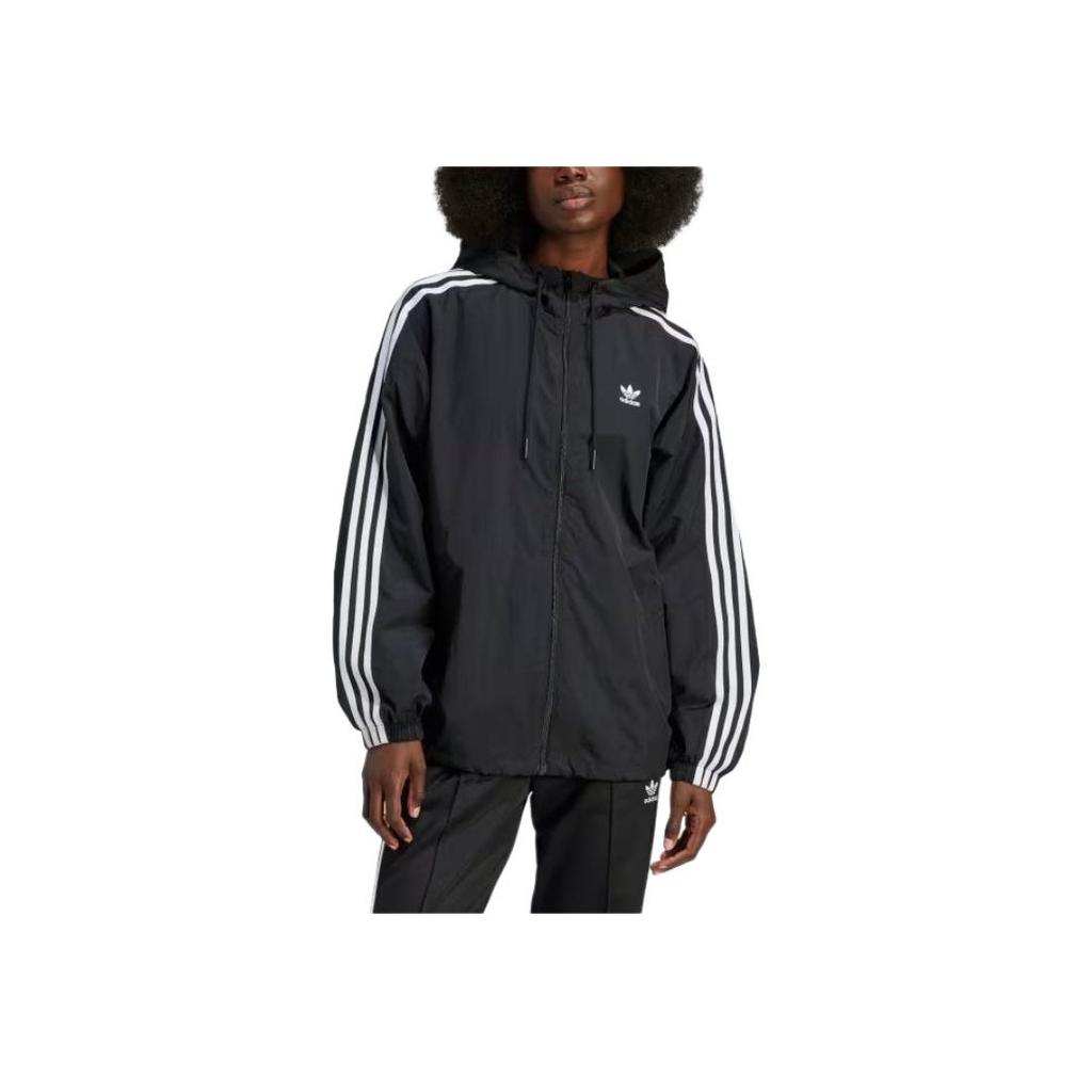 Adidas Side Stripe Casual Sports Zip-Up Hooded Jacket Women Outerwear Black IR8095
