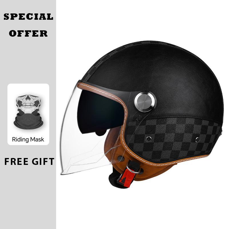 Classic White Green Stripes Open Face Motorcycle Helmets Leather Jet Moto Helmet with Daul Lens Electric Scooter Racing Helmet