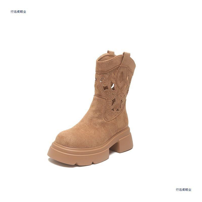 Thick-soled Retro Hollow Western Cowboy Small Short Boots New Breathable Heightening Cool Boots Summer Mid-tube Martin Boots