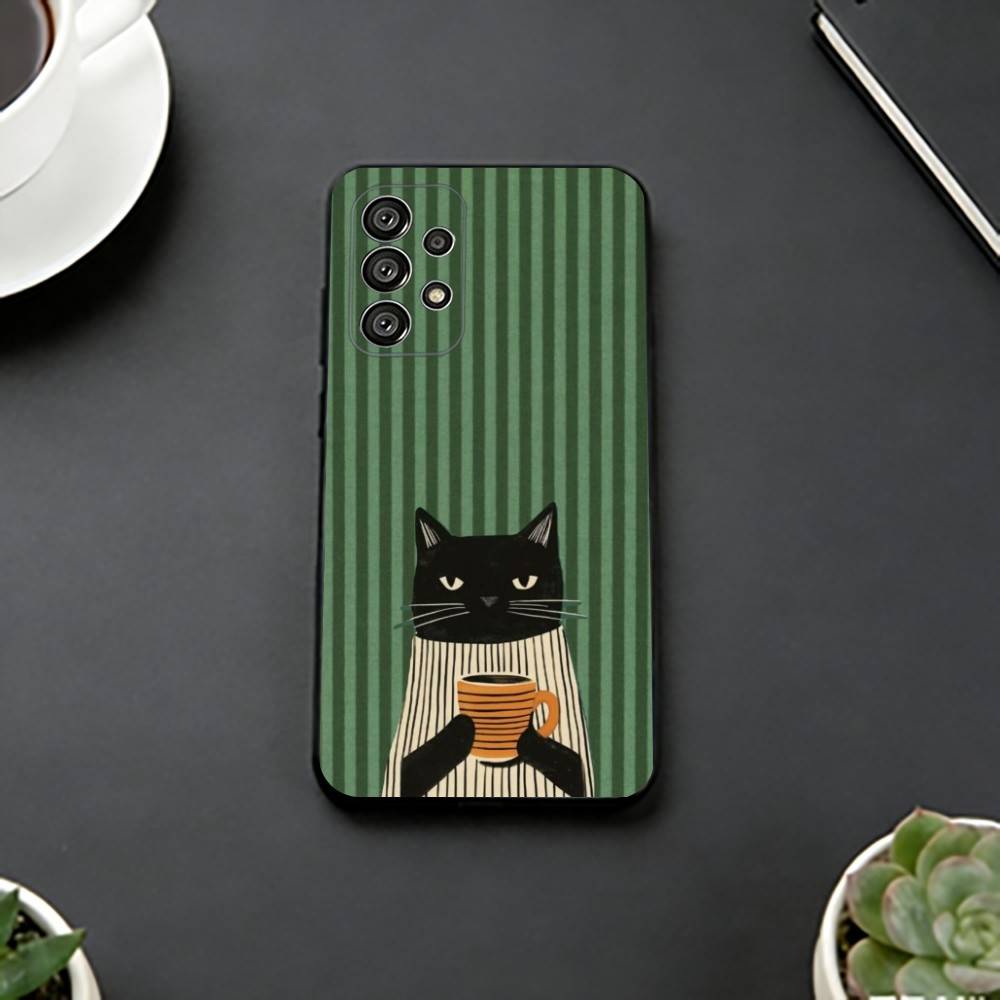 Чехол для телефона "Ленивый кот с кофе" Черный силикон Мягкий Для Samsung S25,S24,S21,S22,S23,S30,Ultra,S20,Plus,Fe,Lite