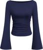 2025 Autumn Slim Fit Women's Boat Neck Bell Sleeve Ruched Top - Solid Color, Long Sleeve