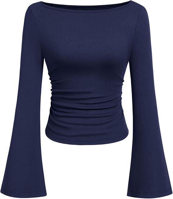 2025 Autumn Slim Fit Women's Boat Neck Bell Sleeve Ruched Top - Solid Color, Long Sleeve