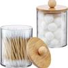 Cotton Swab Organizer with Bamboo Lid Clear Plastic Apothecary Jar for Bathroom Vanity Makeup Storage