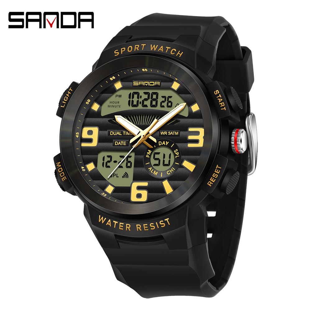 SANDA SD3399 Fashion Men Electronic Quartz Watch Multifunctional Dual Display Watch Luminous Calendar Watches for Man