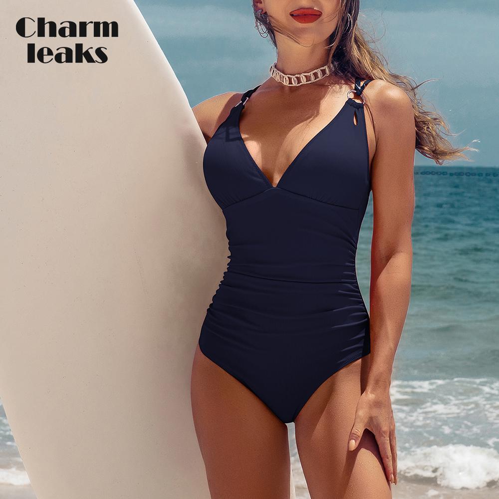 CHARMLEAKS Женский цельный модный купальник, сексуальный купальник с глубоким v-образным вырезом и высоким вырезом, рюшами, монокини, сплошной цвет, купальник с перекрёстком