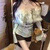 American Vintage Print Fur Stitched Tops Women 2000s Y2k One Shoulder T-shirt Thin Sweet Babes High Street Casual Base Layer Clothes