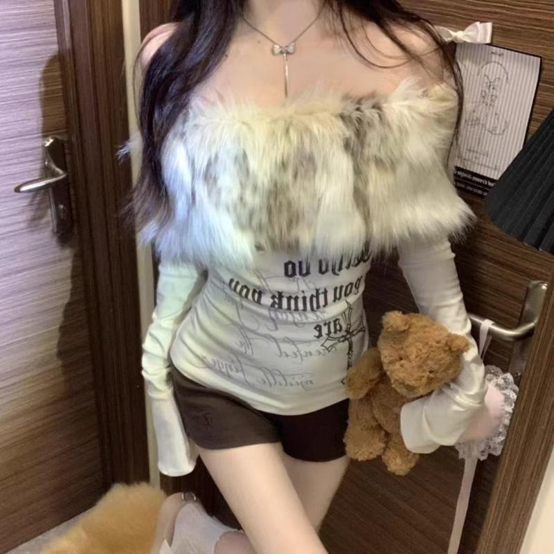 American Vintage Print Fur Stitched Tops Women 2000s Y2k One Shoulder T-shirt Thin Sweet Babes High Street Casual Base Layer Clothes
