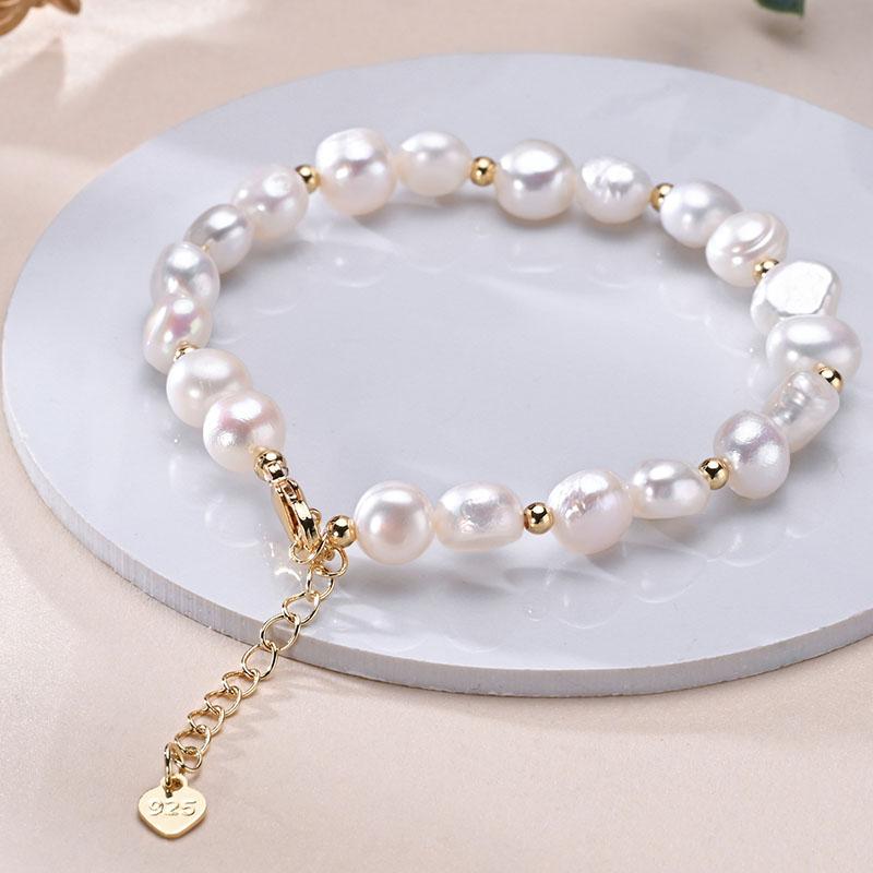 HENGSHENG Freshwater 8-9mm White Pearl Baroque With Small Gold Bead Bracelet 925 Sterling Silver Jewelry Gifts for Women Girls