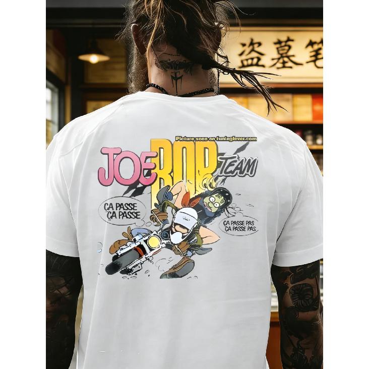 Men'S T-Shirt White Joe Rop Team Cartoon Graphic Print with French Phrases And Motorcycle Design for Casual Wear And Outdoor Activities