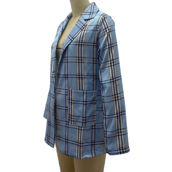 Женский пиджак с лацканами, длинный рукав, открытый спереди, пиджак с карманами, клетчатый принт, приталенный повседневный деловой пиджак