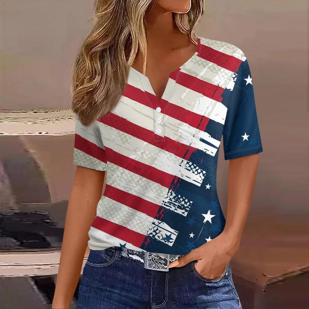 Жен. Футболка Футболка День независимости С принтом Пуговицы С короткими рукавами Повседневные Выходные Мода Классический Классический V-образный вырез Обычный Топ