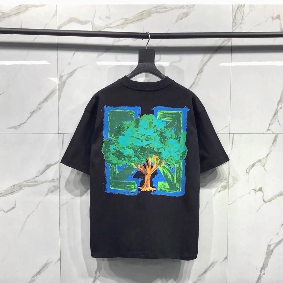 Off-White 2025 Лето Новый Мир Охрана Окружающей Среды Зеленое Дерево Граффити Печать Классическая Футболка С Коротким Рукавом Для Мужчин и Женщин
